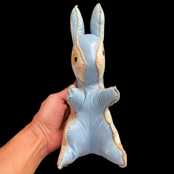 Vintage Oil Cloth Bunny Rabbit MCM Vinyl Carnival Prize Stuffed Toy 1950s Pastel - Picture 3 of 12